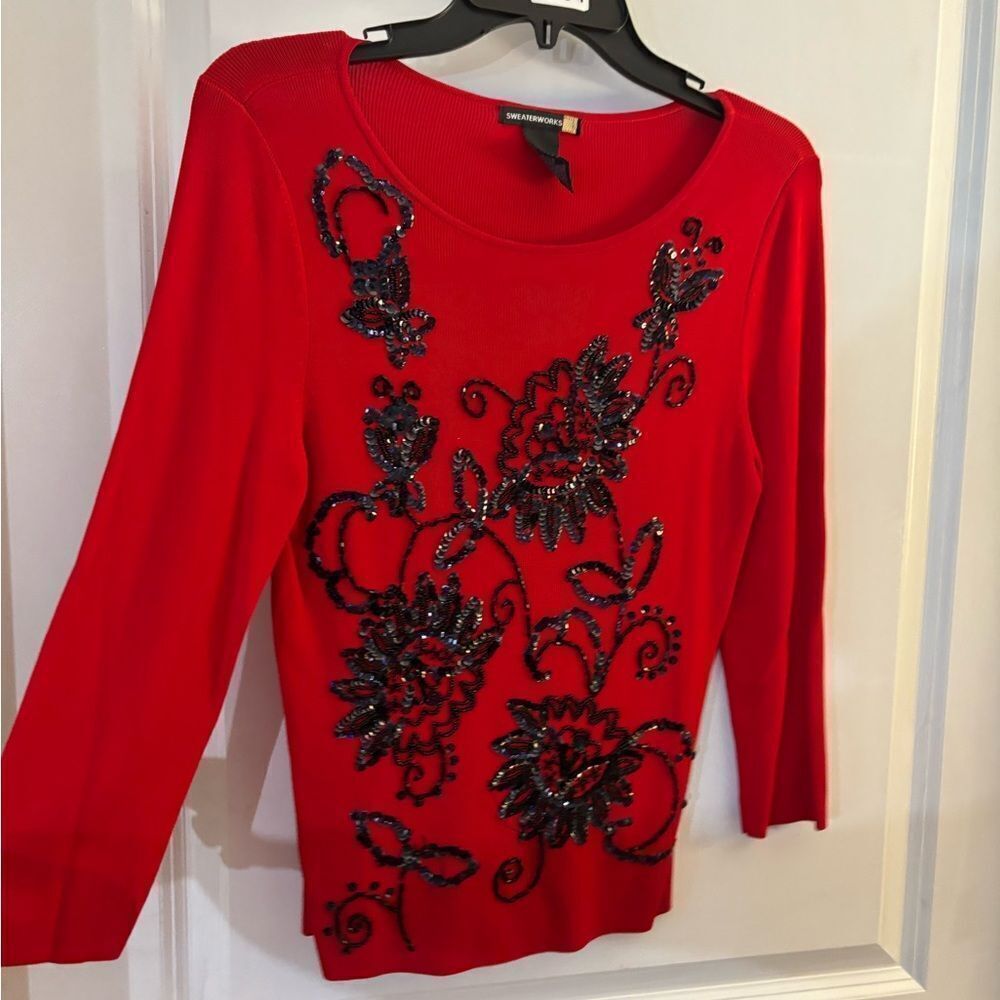 SweaterWorks Red Embellished Sweater Top sz Small petite